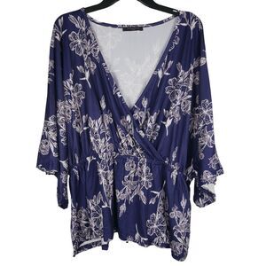 Women's Purple Floral Print V-neck Faux-Top 1XL